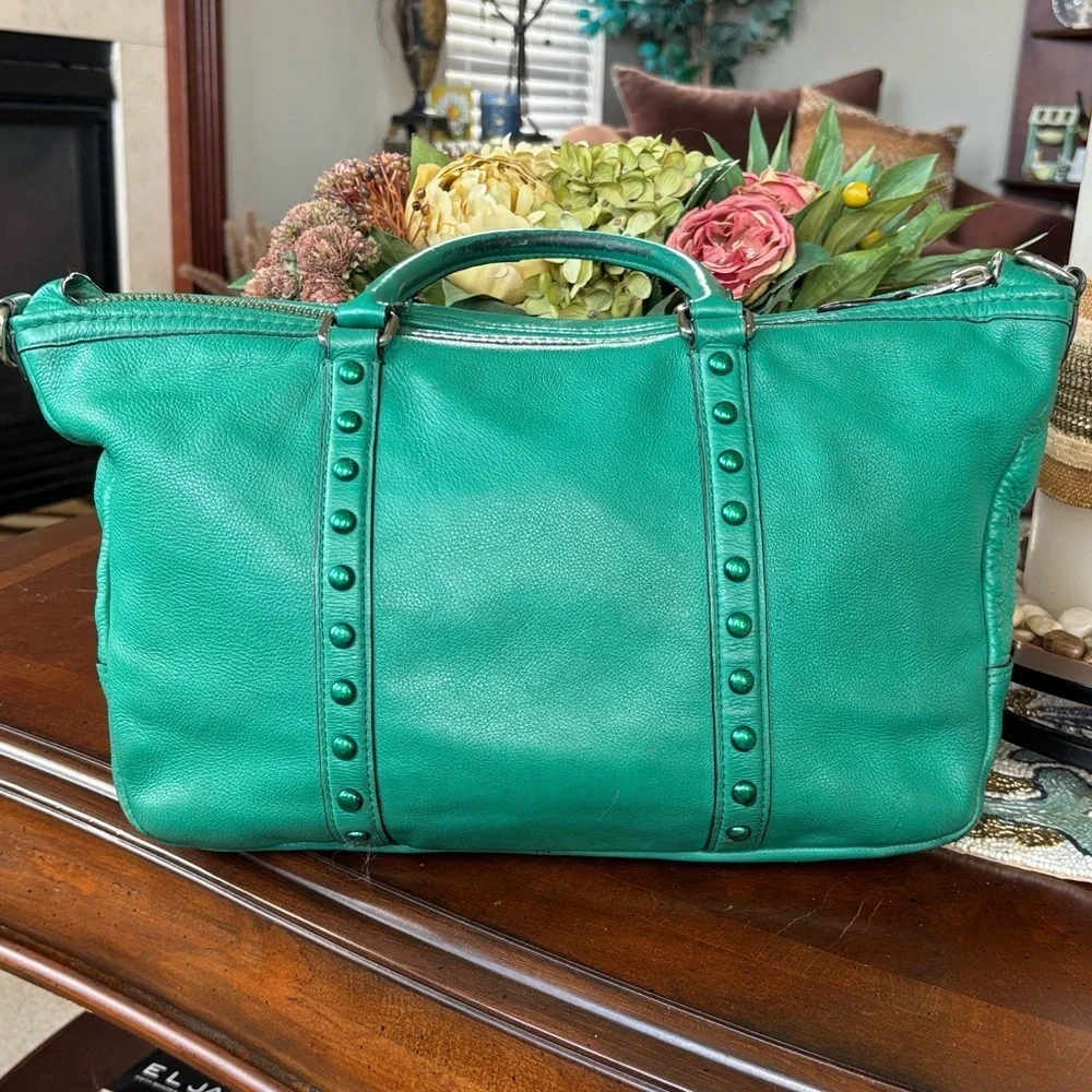 Coach Green Leather Handbag Central Satchel Rivet Leaf Enamel Studded